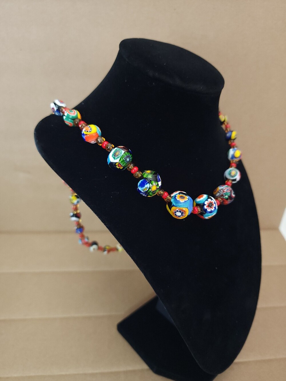 Vintage Italian Millefiori Glass Bead Necklace with Red Accents